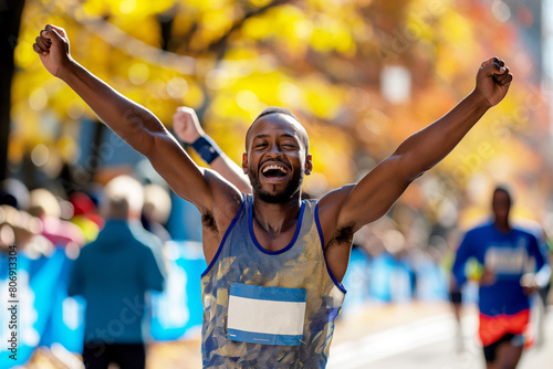 Man Celebrating Crossing Finish Line. Generative AI