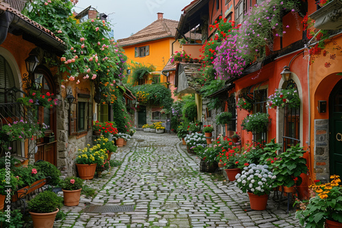 A charming European town with narrow streets, old houses and colorful flower pots.