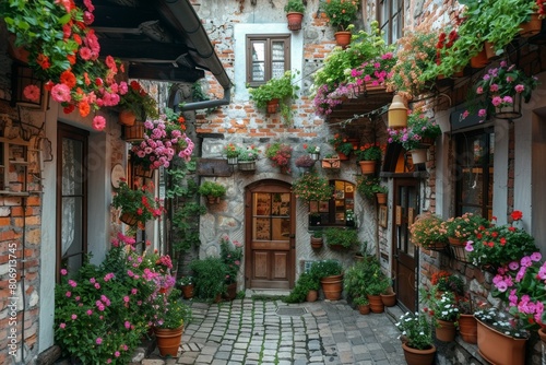 A picturesque Italian street, decorated with ancient houses, flowering window sills and charming architecture.