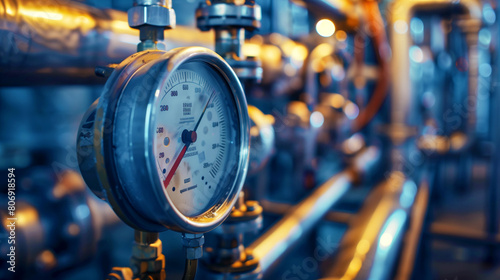 Close-up view of an industrial pressure gauge on a complex network of pipes, with a blurred background.