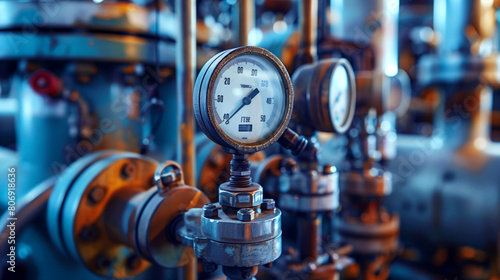 Close-up view of an industrial pressure gauge in a complex machinery setting with blurred background.