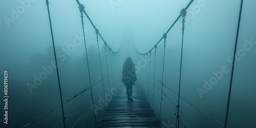 In the eerie mist, a solitary woman walks across a mysterious bridge, surrounded by darkness and fear.