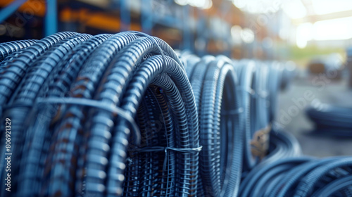 Piles of coiled construction steel rebar at an industrial site, with focus on the front coils.
