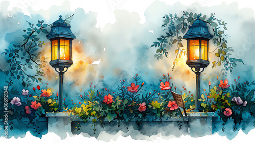 The image shows a beautiful garden with a stone path, surrounded by colorful flowers and plants., clip art , water color