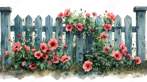 vibrant red poppies and green leaves climb a rustic blue wooden fence., clip art , water color