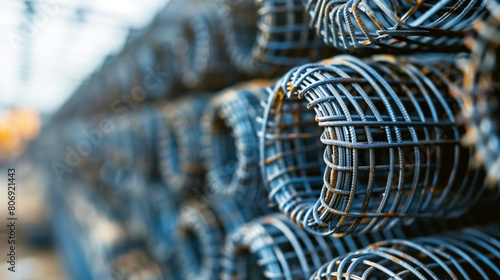 Close-up view of coiled reinforcing steel bars, focused on the detailed texture and pattern.