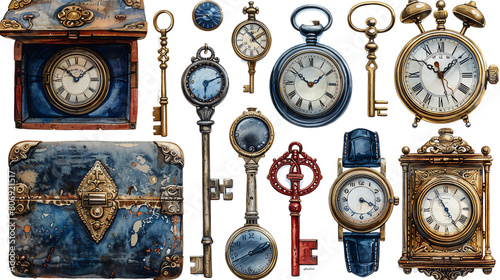 A collection of antique and vintage watches and clocks., clip art , water color