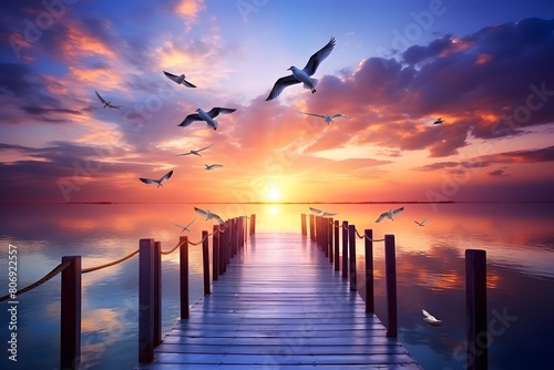 Dreamlike color A wooden bridge extends to the sea wallpaper background 