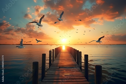 Dreamlike color A wooden bridge extends to the sea wallpaper background 