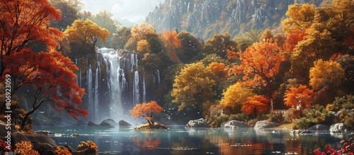 A stunning autumn landscape with colorful trees, flowers and a beautiful waterfall in the background