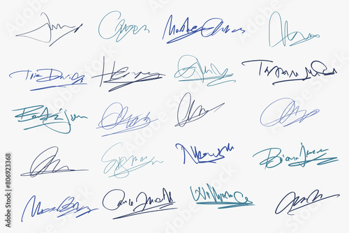 Signatures set. Fictitious handwritten signatures for signing documents on white background. 