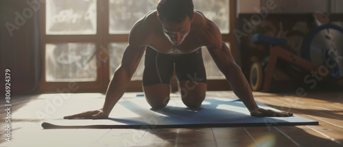Determined athlete executing a powerful push-up in a sunlit room.