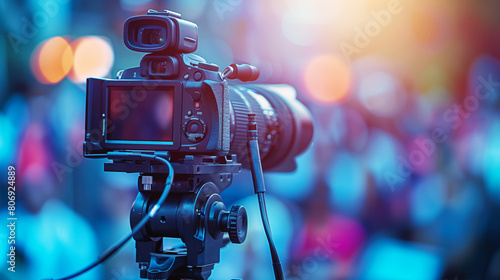 Professional digital camera mounted on a tripod with a blurred crowd background and colorful lights.
