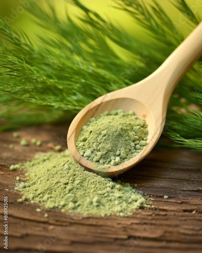 A closeup of horsetail Equisetum herb powder in an elegant wooden scoop, with fresh horsetail plants softly blurred in the natural background, emphasizing the herbal origin