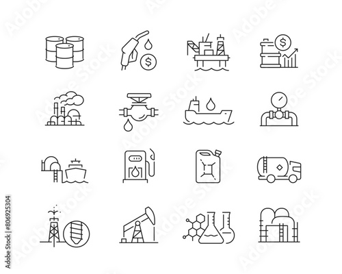 Oil and Gas Industry Icon collection containing 16 editable stroke icons. Perfect for logos, stats and infographics. Edit the thickness of the line in Adobe Illustrator (or any vector capable app).