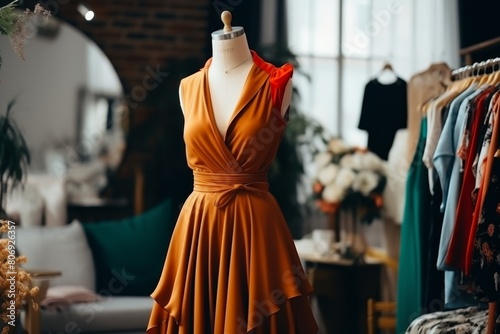 An elegant orange dress displayed on a mannequin in a boutique window. This eye-catching dress features a ruched bodice, pleated skirt, and tie waist, perfect for any special event or night out.