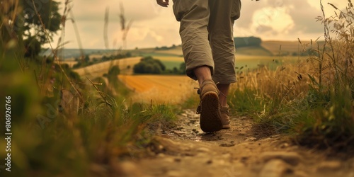 Pilgrim Walking Barefoot on the Santiago Trail, Camino de Santiago Pilgrim Goes Barefoot