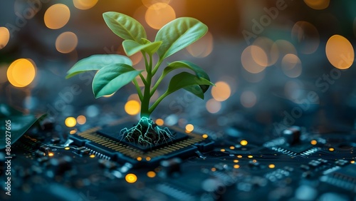 Glowing Plant on Computer Chip: Exploring the Digital Ecology Concept. Concept Digital Ecology, Glowing Plant, Computer Chip, Technology, Interconnected Ecosystem