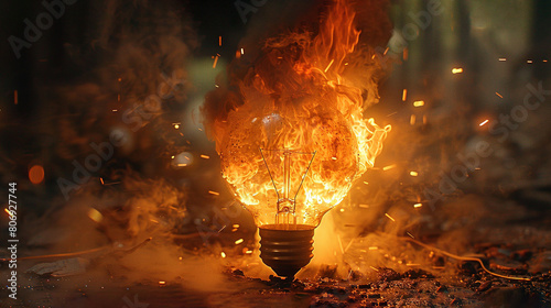 A burning light bulb rests atop a rubble mound beside a heap of fire retardants