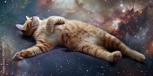 Feline Soars Amidst Starry Dreamscape, Floating Feline in a Blank Canvas, Cosmic Cat Reverie, Celestial Cat Siesta