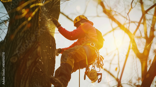 A tree surgeon wearing safety gear works on pruning a large tree, illuminated by bright sunlight.