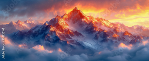 Majestic sunset glow over snow-capped mountain peaks