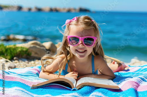 A little girl with pink sunglasses lying on a beach towel, smiling and reading a book
