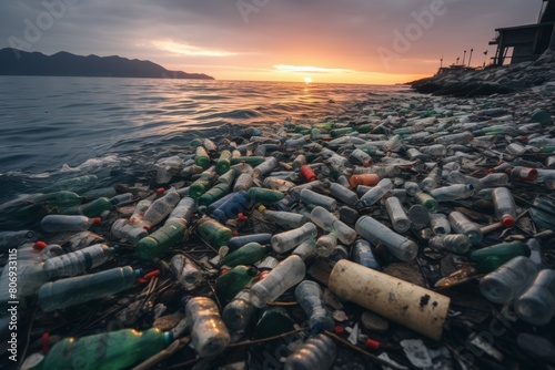 A variety of plastic bottles, bags, and other trash floating on the surface of the ocean at sunset. The tide has brought the refuse to the shoreline where it now sits, littering the landscape.