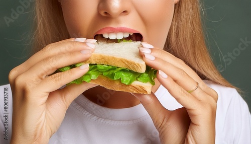 Frau isst eine Sandwich.