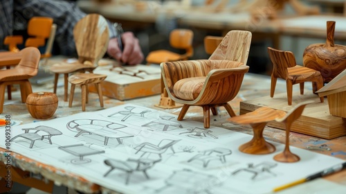 Hand drawing sleek chair designs among wooden models, showcasing the artistic and practical aspects of furniture design.
