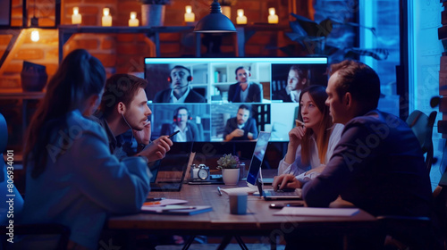 A team of professionals conducting a video conference meeting in a modern office with ambient lighting.