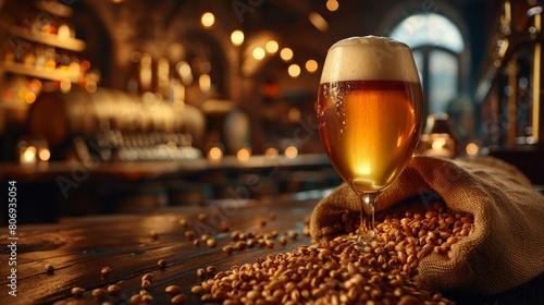Crisp beer beside a sack of fresh barley grains, captured in a cozy, dimly lit tavern setting.