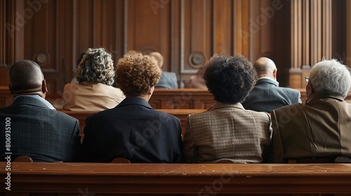 A diverse group of jurors sit in the jury box and lean forward to take in every detail of the evidence presented.