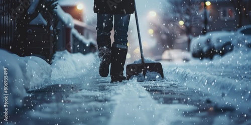 Individual Clears Sidewalk with Snow Shovel, Snow Shoveling Scene, Person on White Background