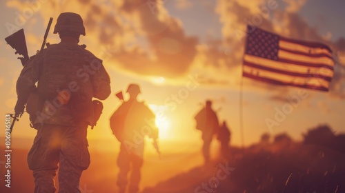 USA Army Soldiers Against Sunset Sky, Accompanied by American Flag