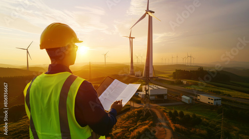 Engineer with helmet and high visibility vest reviewing documents in front of wind turbines at sunset.
