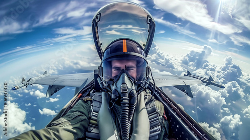 A pilot in a fighter jet cockpit taking a selfie above the clouds with another jet visible beside him.