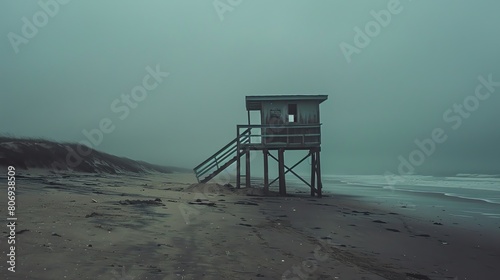 An old, wooden lifeguard tower stands on the beach, surrounded by sand and dunes. The sky is foggy and the water is rough.
