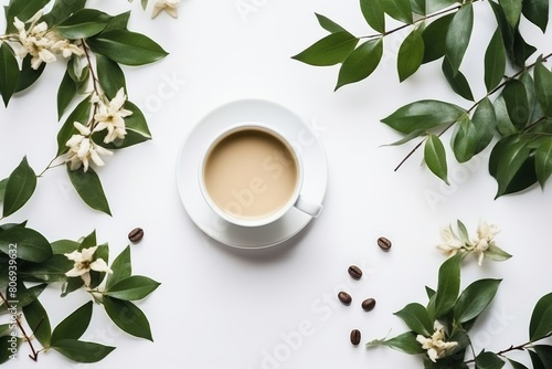 Cup of coffee with milk on white background. Coffee beans and jasmine flowers, leaves decoration. Top view, flat lay, copy space. Perfect for your blog post, social media, or print design.