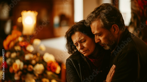 Mature couple grieving together at a memorial service, surrounded by flowers and a candle.