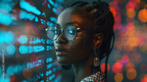 Young black woman working in coding. Diversity in coding and IT careers. Representation of minorities in the workplace. Strong self portrait of a black Gen Z girl.