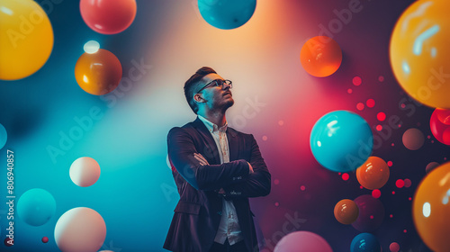 Confident businessman contemplating amidst floating colorful balloons in a whimsical setting