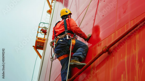 Industrial worker in safety gear scaling a large red structure using a harness and ropes.