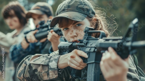 A girl with a gun is standing in front of two other girls with guns