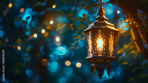 lantern illuminated on nature bokeh background