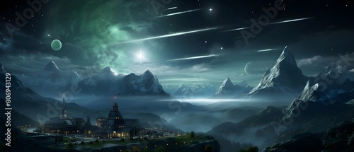 Fantastic panorama of mountains in the night with moonlight and stars