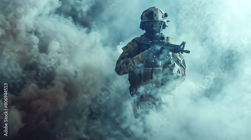 A soldier in tactical gear stands alert in heavy smoke, holding an assault rifle.