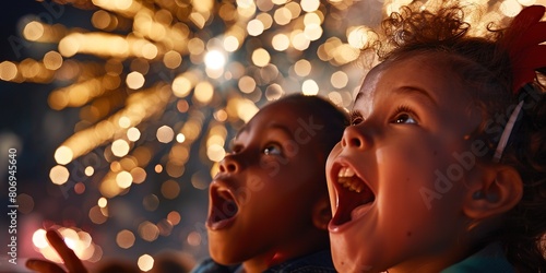 Children amazed by fireworks in night sky, their faces illuminat