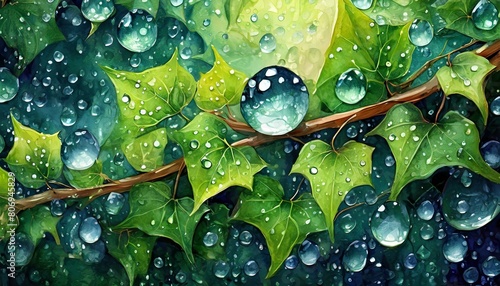 タの葉っぱに付く、宝石のような水滴の背景用イメージ