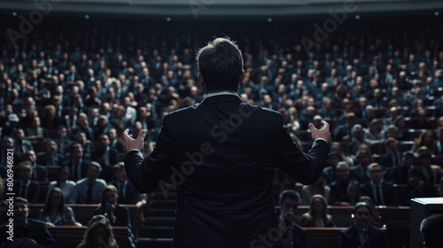 A man stands confidently in front of a large crowd of diverse people, addressing them with gestures and speaking passionately